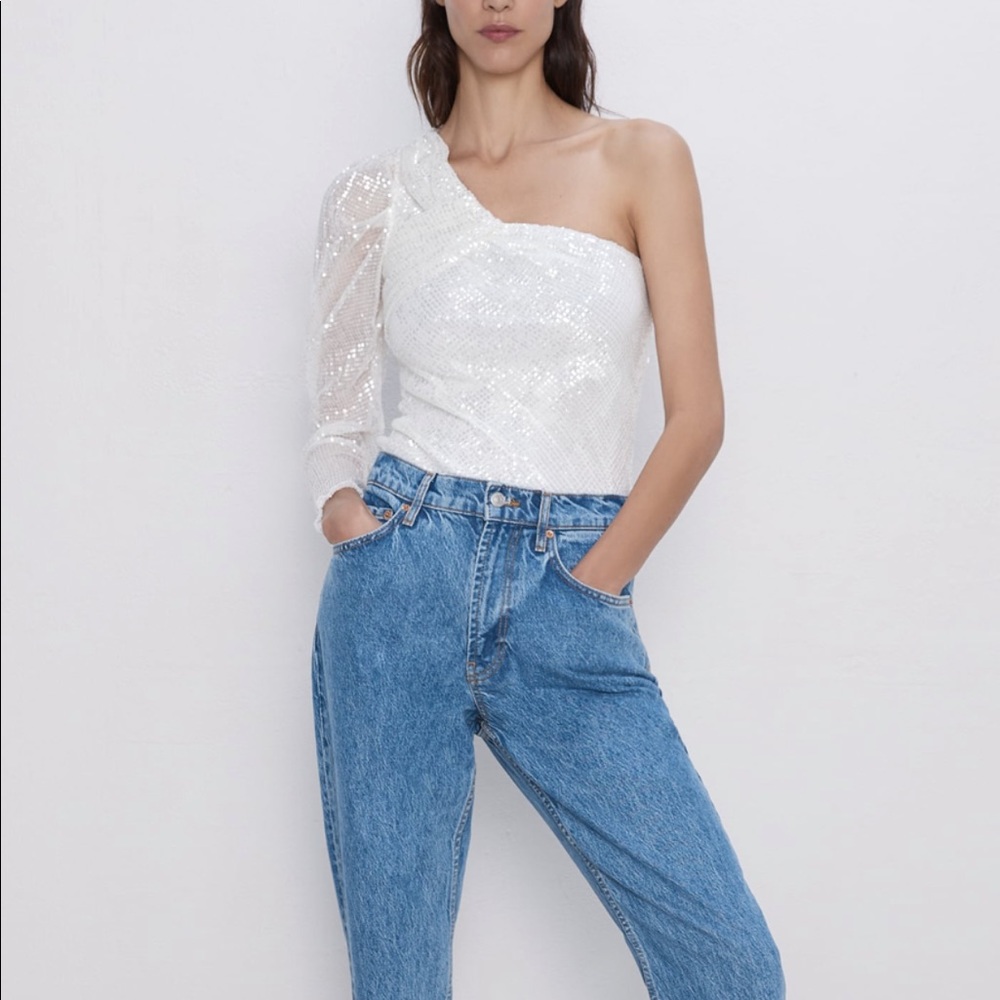 Zara asymmetrical sequined white top